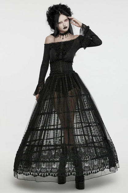 Black Floral Embroidery Mesh Women's Gothic Skirt