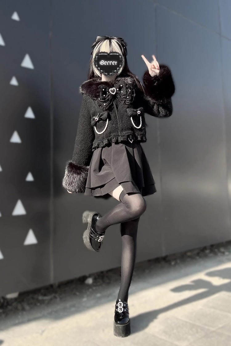 Black Long Sleeves Bow Sheep Wool Gothic Jirai Kei Japanese Short Coat