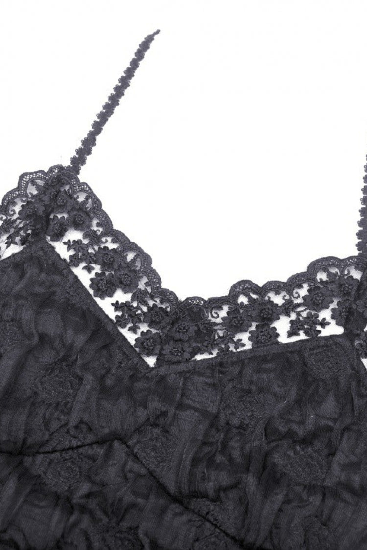 Black Off Shoulder Halterneck Lace Crinkle Women's Gothic Tank Top