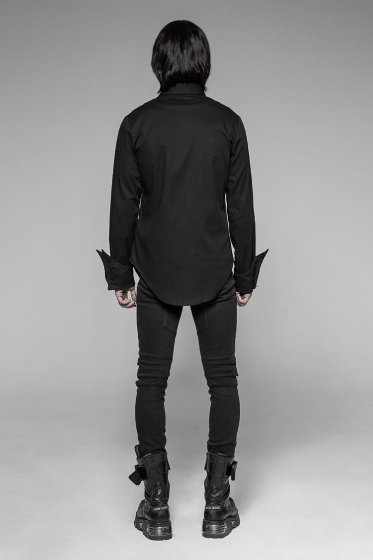 Black Long Sleeve Front Metal Pattern Buckle Sharp Corner Hem Men's Gothic Shirt