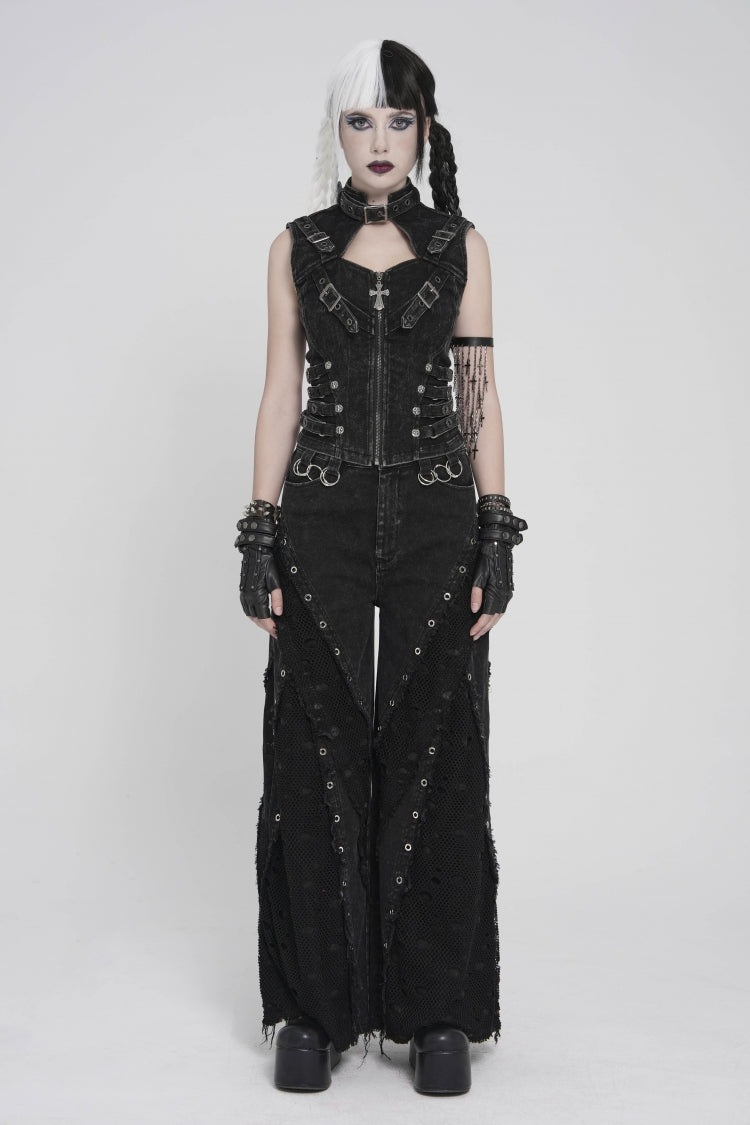 Black Halterneck Slim Buckled Zippered Women's Punk Vest