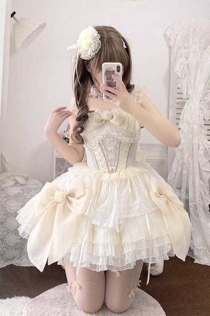 Beige Multi-layer Ruffle Hanayome Bowknot Lace-Up Sweet Princess Lolita Jsk Dress