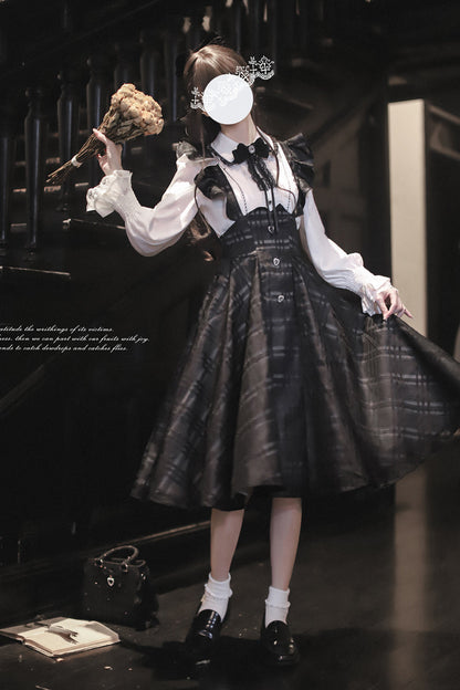 Black Plaid Print Classic College Style Elegant Lolita Strap Dress