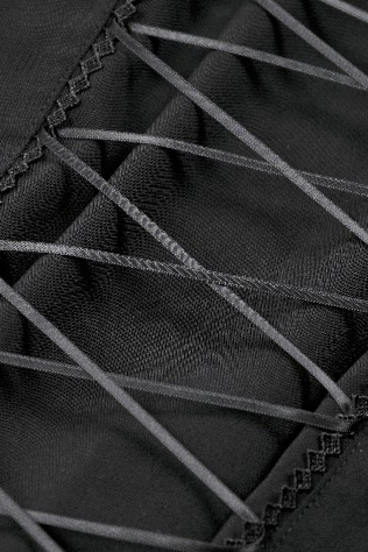Black Multi-Layered Deep V Collar Pleated Short Puff Sleeves Lace-Up Gothic Blouse