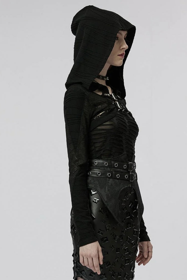 Black Hollow Stretch-Knit Stitching Detachable Hooded Stripe Buckles Womens Steampunk Jacket