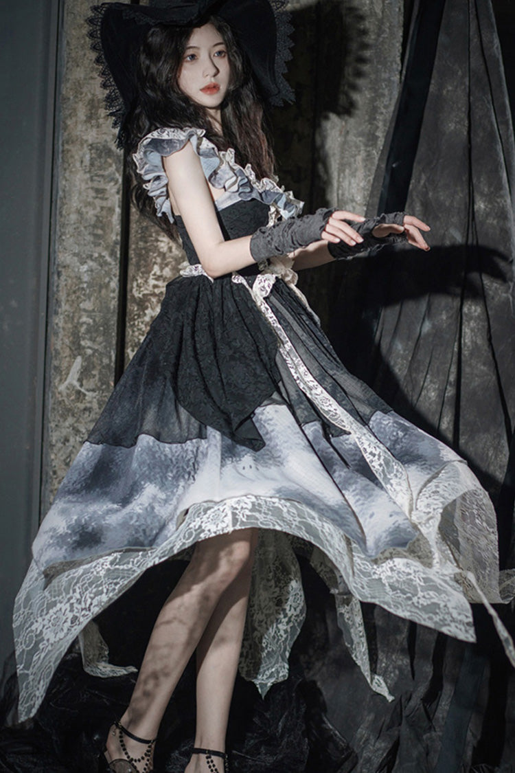 Black Letters And Poems Lace Sleeveless Printed Irregular Gothic Lolita Dress