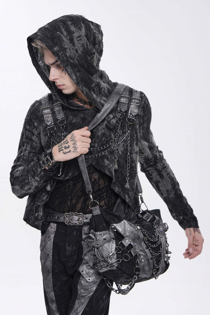 Black Long Sleeves Spliced Hooded Mesh Ripped Faux Two-Piece Zippered Eyelet Men's Punk T-Shirt