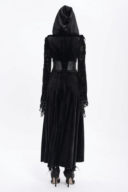 Black Long Sleeves Hollow Embroidery Hooded Ripped Women's Gothic Dress Coat