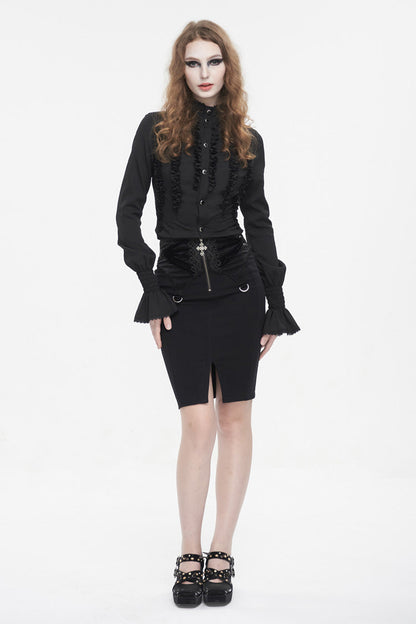 Black Lace Up Floral Embroidered Women's Gothic Split Skirt