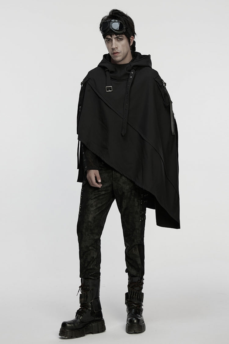 Black Irregular Hooded Buckle Straps Men's Punk Cloak