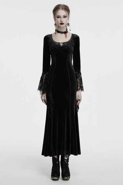 Black Long Sleeves Floral Embroidery Stitching Lace Women's Gothic Gown Dress