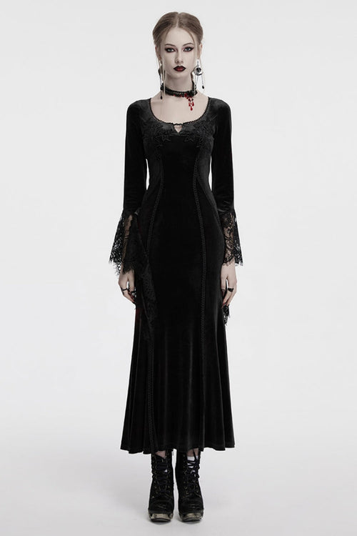 Black Long Sleeves Floral Embroidery Stitching Lace Women's Gothic Gown Dress