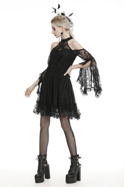 Black Off Shoulder Halterneck Long Sleeves Lace Women's Gothic Dress