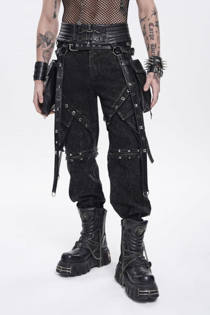 Black Lace-Up Studded Buckled Zippered Eyelet Men's Punk Cool Accessory with Pouches