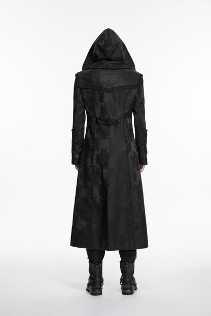 Black Long Sleeves Jacquard Embroidered Spliced Lace Hooded Color-Blocked Men's Punk Cool Coat