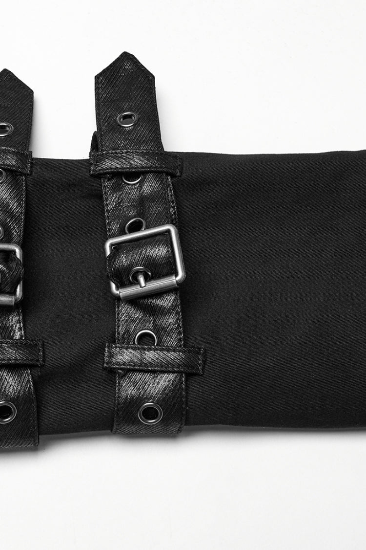 Black Lapel Collar Long Sleeves Hooded Pleated Men's Punk Coat with Buckle Strap