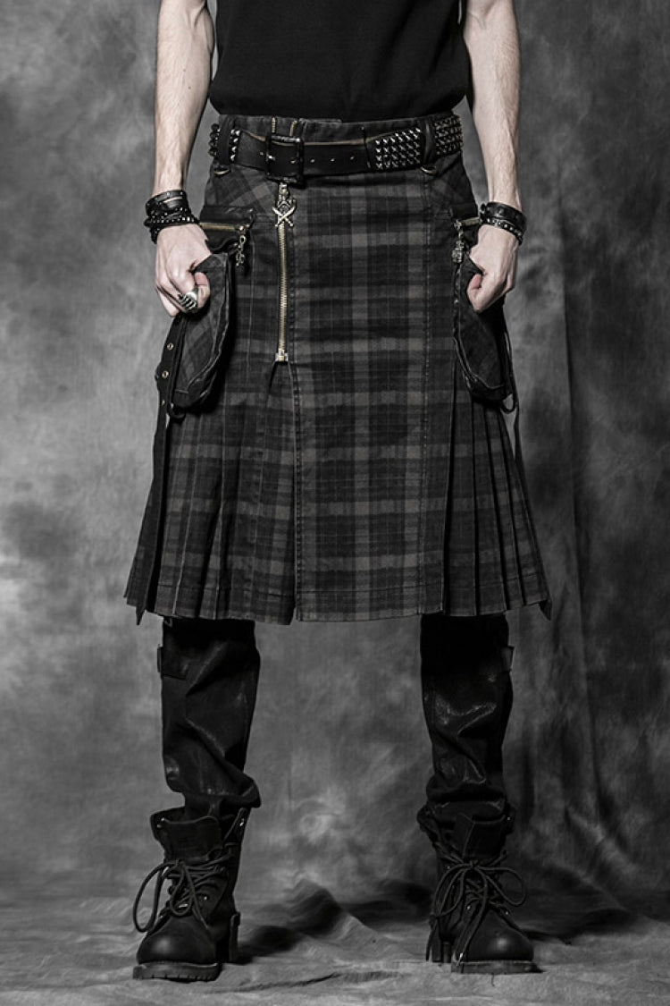 Black Plaid Print Ruffle Men's Steampunk Skirt