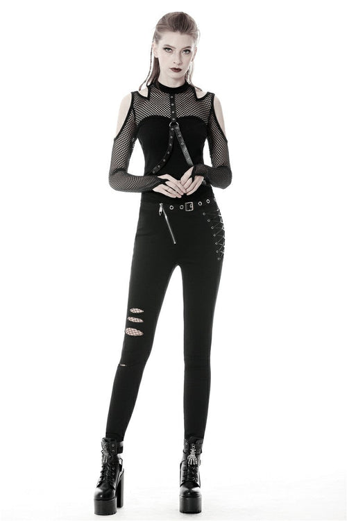 Black Off Shoulder Long Sleeves Mesh Crossed Harness Straps Eyelet Sexy Women's Punk Top