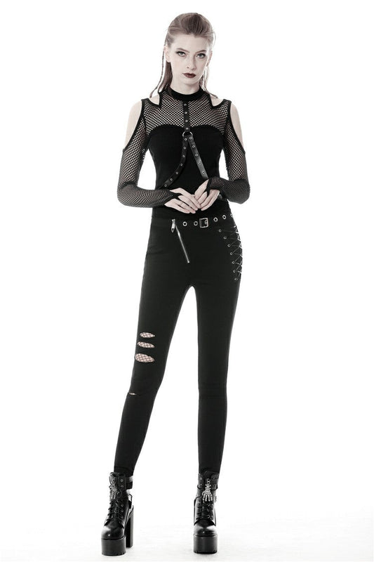 Black Off Shoulder Long Sleeves Mesh Crossed Harness Straps Eyelet Sexy Women's Punk Top