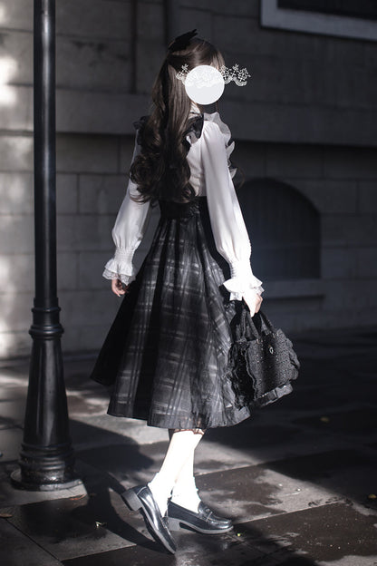 Black Plaid Print Classic College Style Elegant Lolita Strap Dress