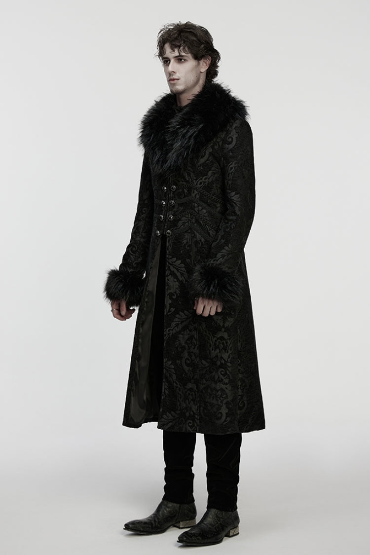 Black Fuax Fur Collar Long Sleeves Jacquard Zipper Men's Gothic Coat