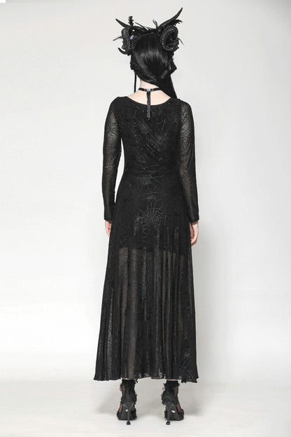 Black Long Sleeves Lace-Up Spiderweb Women's Gothic Elegant Witch Long Dress