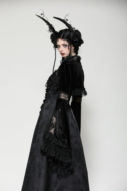Black Long Puff Flared Sleeves Ruffled Lace Spliced Velvet Women's Gothic Cape