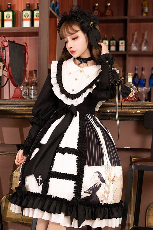 Black Doll Collar Long Sleeves Ruffled Anthem Print Gothic Lolita OP Dress