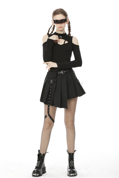 Black Lace-Up Irregular Hem Pleated Women's Punk Skirt with Side Bag