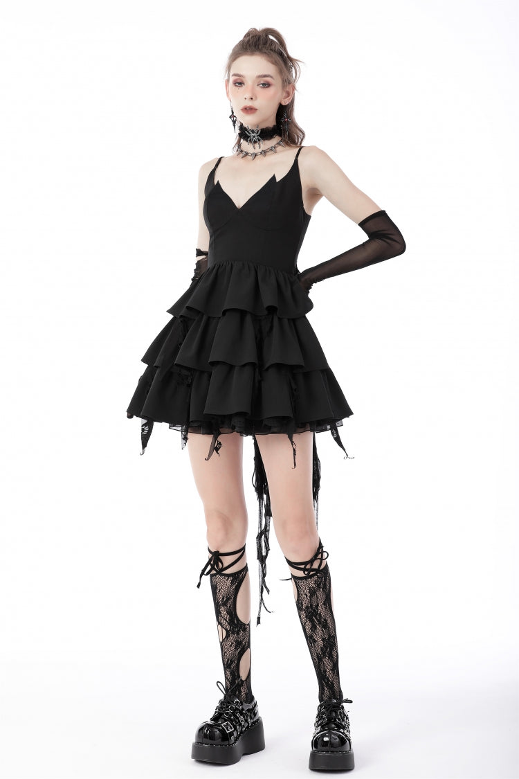 Black Little Devil Sleeveless Multi-Layered Lace-Up Women's Punk Slip Graduation Dress