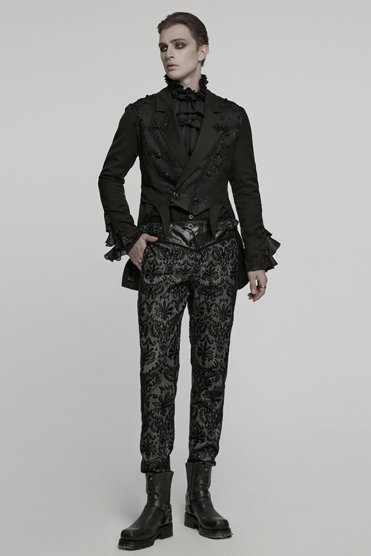 Black Lapel Collar Long Sleeves Frog Jacquard Embroidery Men's Gothic Coat