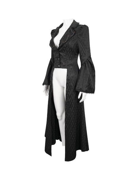 Black Jacquard Short Front Long Back Lapel Bead And Chain Trim Large Cuffs With Lace Trim Back Strap Thin Long Women's Gothic Coat