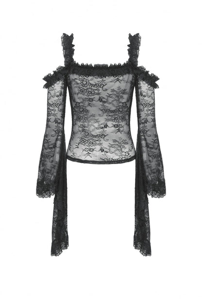 Black Off Shoulder Long Flare Sleeves Lace Women's Gothic Romantic Top