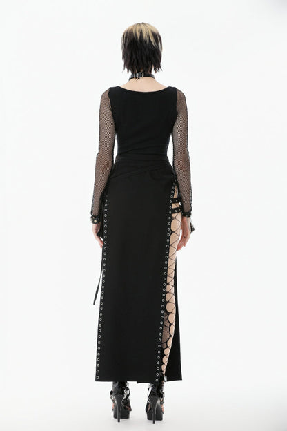 Black Mesh Spliced Long Sleeves Buckled Strap Eyelet Women's Punk Top