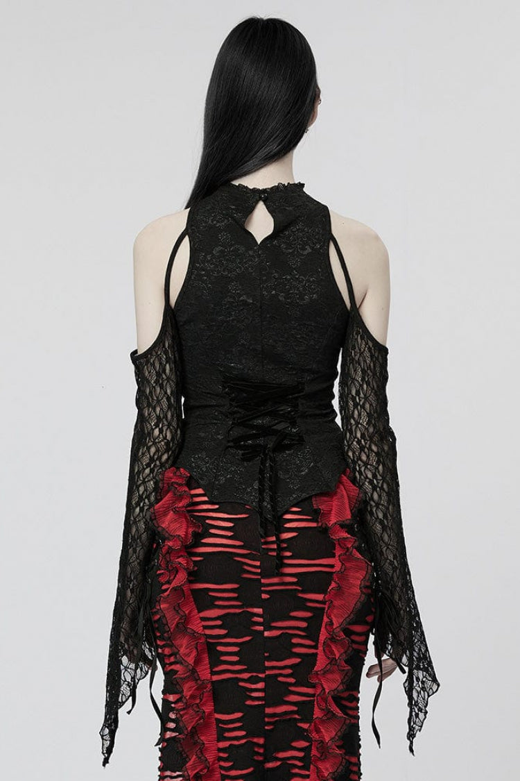 Black Off Shoulder Jacquard Hollow Stitching Lace Womens Gothic T-Shirt