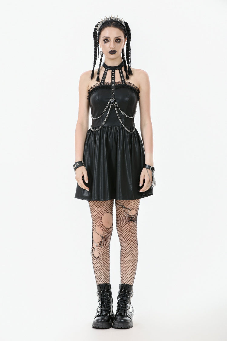 Black Halterneck Zippered Chain-Decorated Eyelet Women's Punk Faux Leather Dress