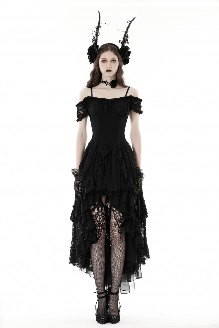 Black Boat Neck Off Shoulder Short Puff Sleeves Ruffled Lace Lace-Up Irregular Women's Gothic Dovetail Dress