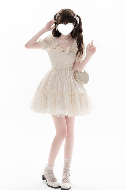 Apricot [Prussian Legend] Short Sleeves Multi-Layered Jacquard Ruffle Bowknot Sweet Lolita Dress
