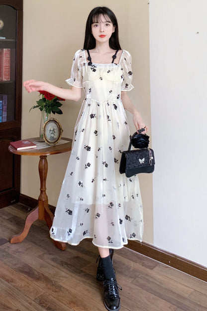 Beige French Square Collar Short Sleeves Rose Print Long Plus Size Sweet Lolita Dress