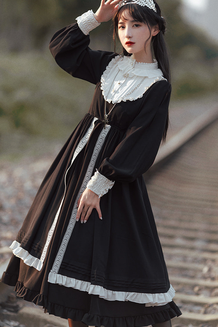 Black Bowknot Ruffled Nun Gothic Lolita Tiered Dress