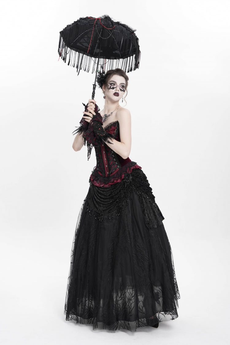 Black Floral Embroidered Beaded Women's Gothic Long Skirt
