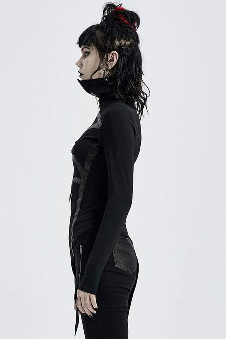 Black High Collar Long Sleeve Front Metal Ring Woven Tape Decoration Irregular Hem Women's Punk T-Shirt