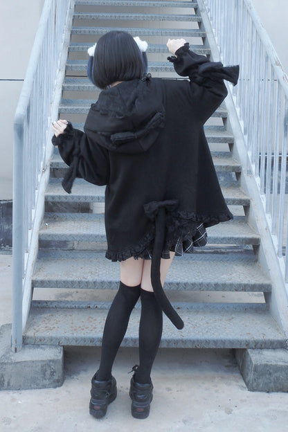 Black Long Sleeves Cat Ears and Tail  Ruffle Bowknot Hooded Gothic Jirai Kei Coat