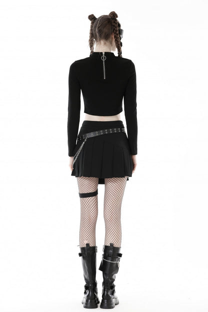 Black Long Sleeves Cut-Out Spliced Mesh Zippered Strappy Eyelet Women's Punk Crop Top