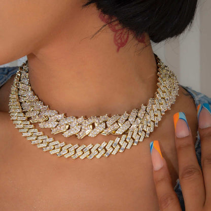 12mm Mixed Stone Diamond Cuban Necklace - Yellow Gold