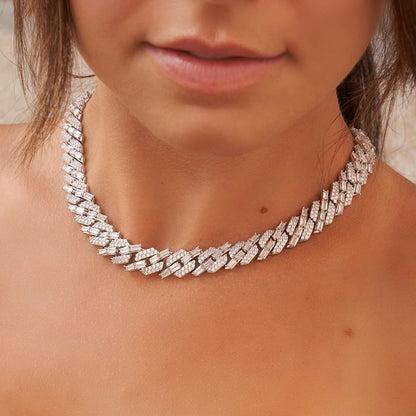 12mm Mixed Stone Diamond Cuban Necklace- White Gold