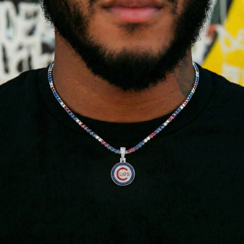 Chicago Cubs Official MLB Logo Pendant + 3mm Colored Diamond Tennis Chain Bundle in White Gold