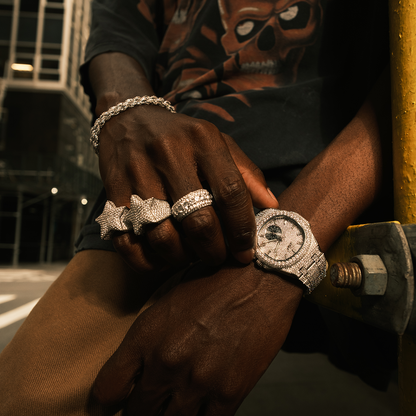 39MM Visionary Fully Iced Case & Steel Band Watch - White Gold
