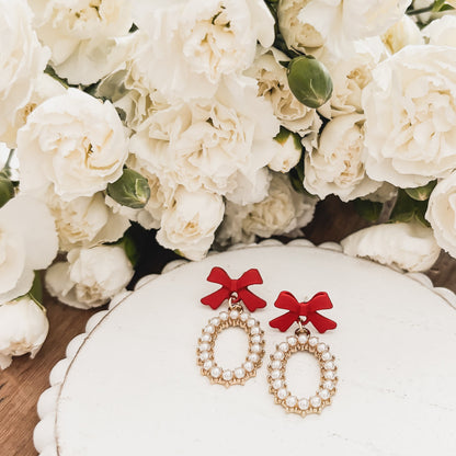 Beautiful Red Bow and Pearl Earrings