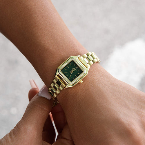 30MM Ethereal Iced Green Dial Band Watch - Yellow Gold